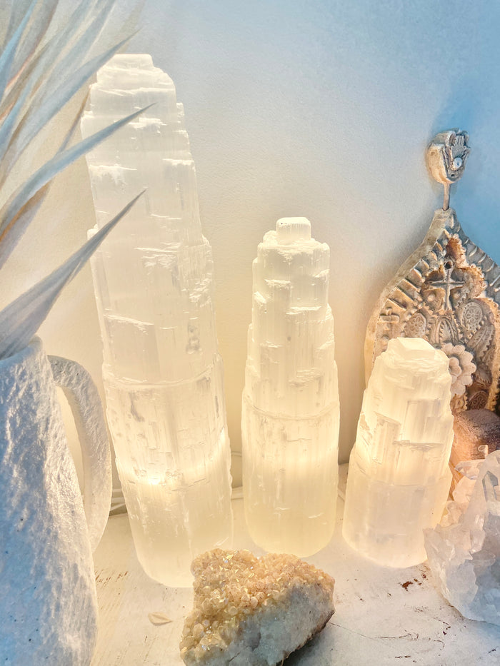 Moroccan Selenite Crystal Tower Lamps