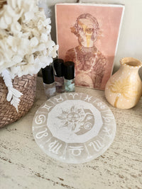 Selenite Engraved Plate - Sun & Moon Birthsigns