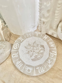 Selenite Engraved Plate - Sun & Moon Birthsigns