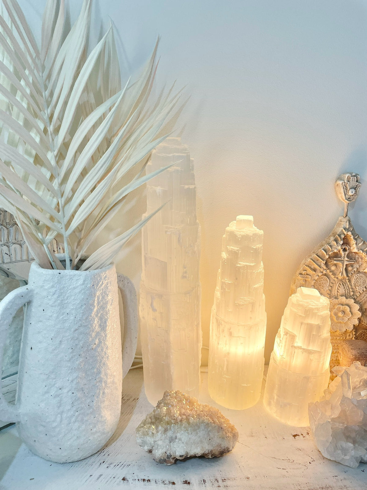 Moroccan Selenite Crystal Tower Lamp Medium
