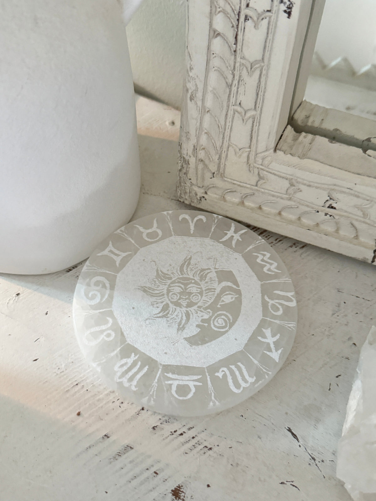 Selenite Engraved Plate - Sun & Moon Birthsigns