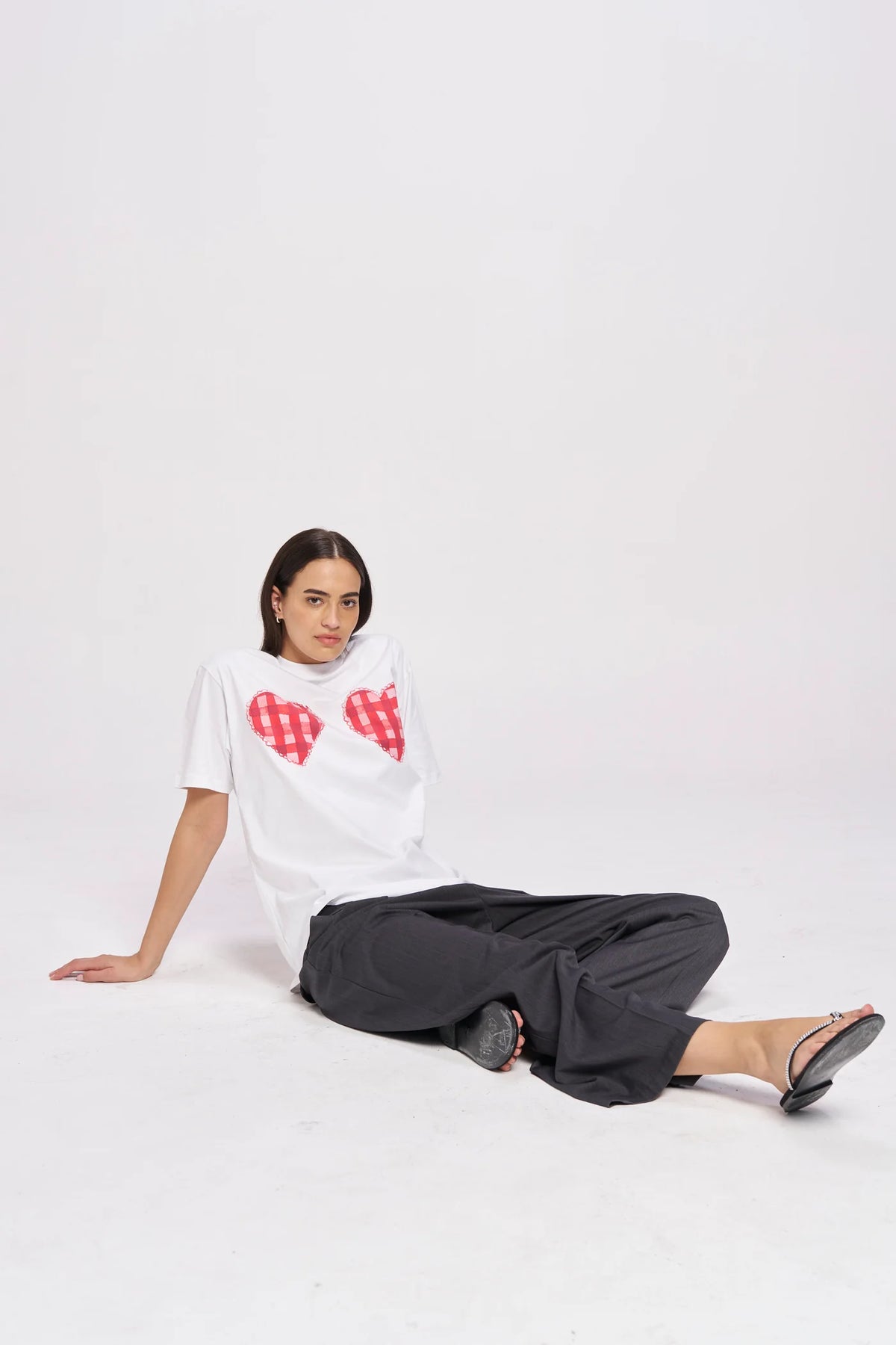 GINGHAM HEARTS Oversized Shirt White