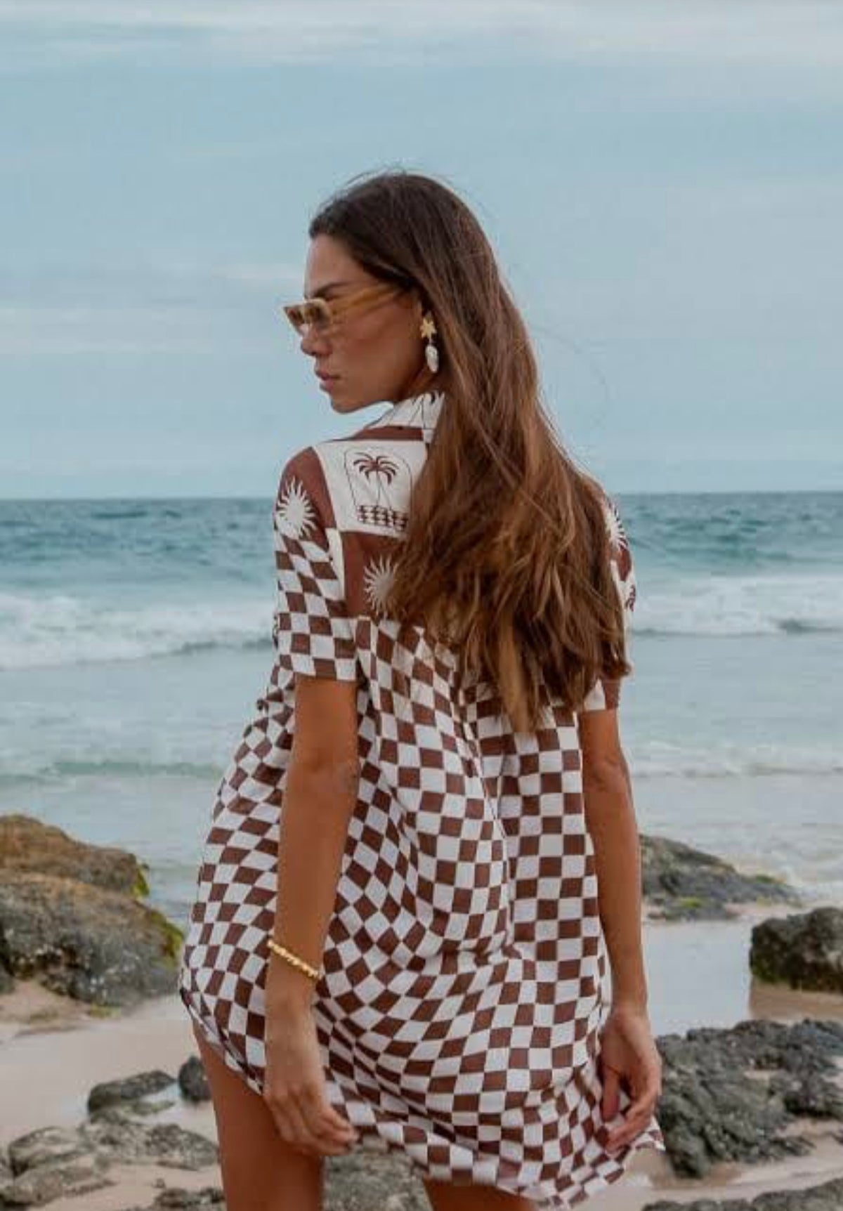 Palma Checkerboard Brown Shirt Dress