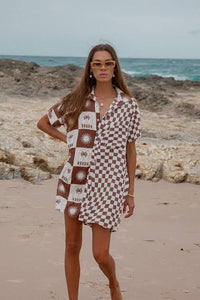 Palma Checkerboard Brown Shirt Dress