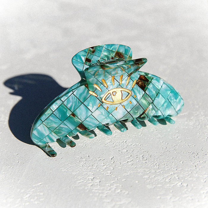 Hair Clip Claw Eye Teal Check