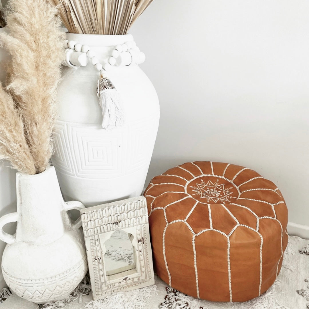 Leather Pouffe Light Tan Cover