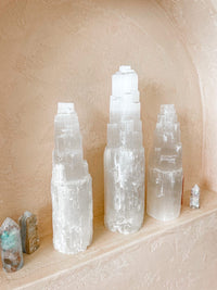 Moroccan Selenite Crystal Tower Lamp Medium