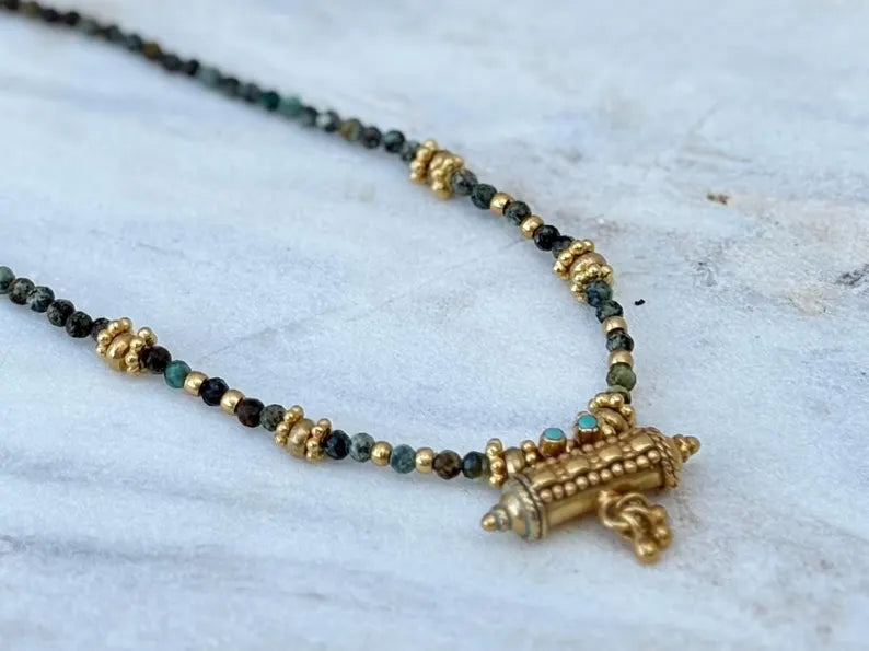 Gold Plated Taweez Protection Necklace Turquoise Bead Talisman Pendant