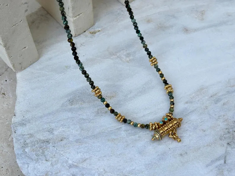 Gold Plated Taweez Protection Necklace Turquoise Bead Talisman Pendant