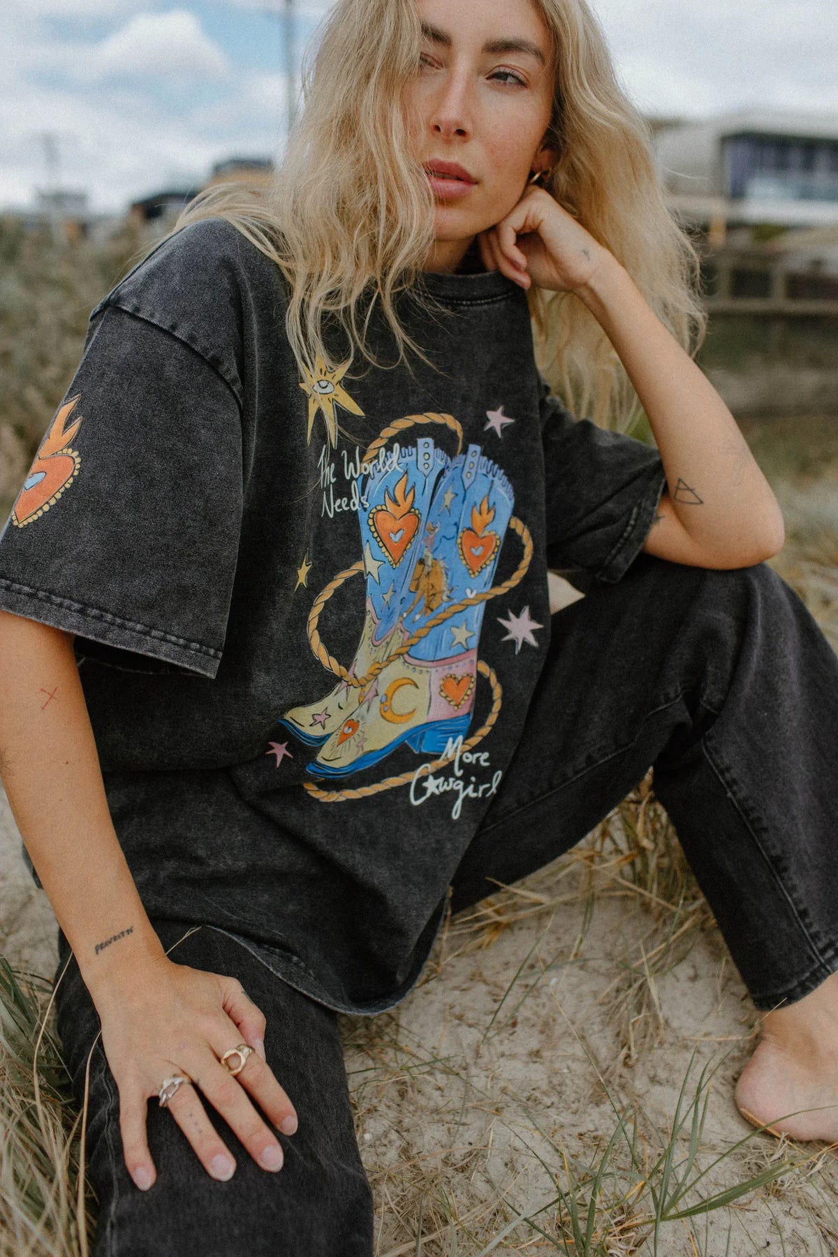 The World Needs More Cowgirls Oversized Shirt Acid Wash Black