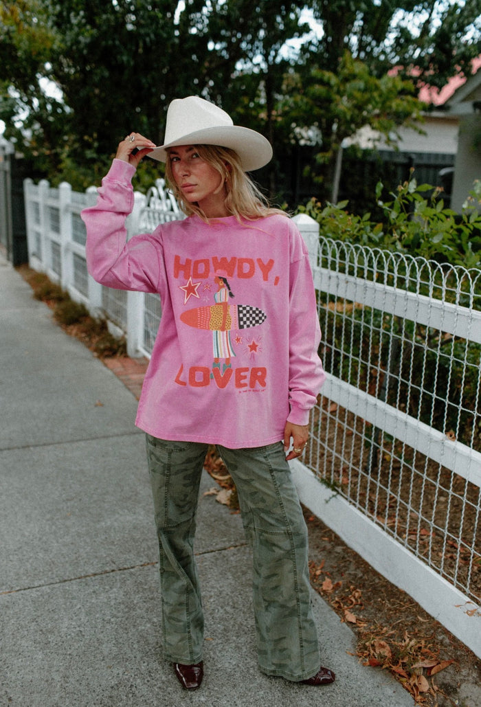 Howdy Lover Long Sleeve Shirt Acid Wash Pink