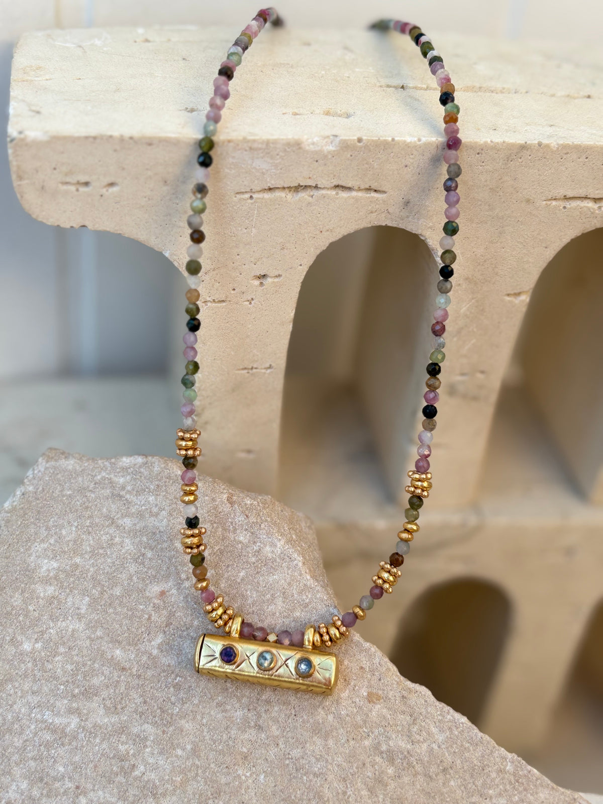 Tourmaline Taweez Necklace Gold Plated Brass Amulet