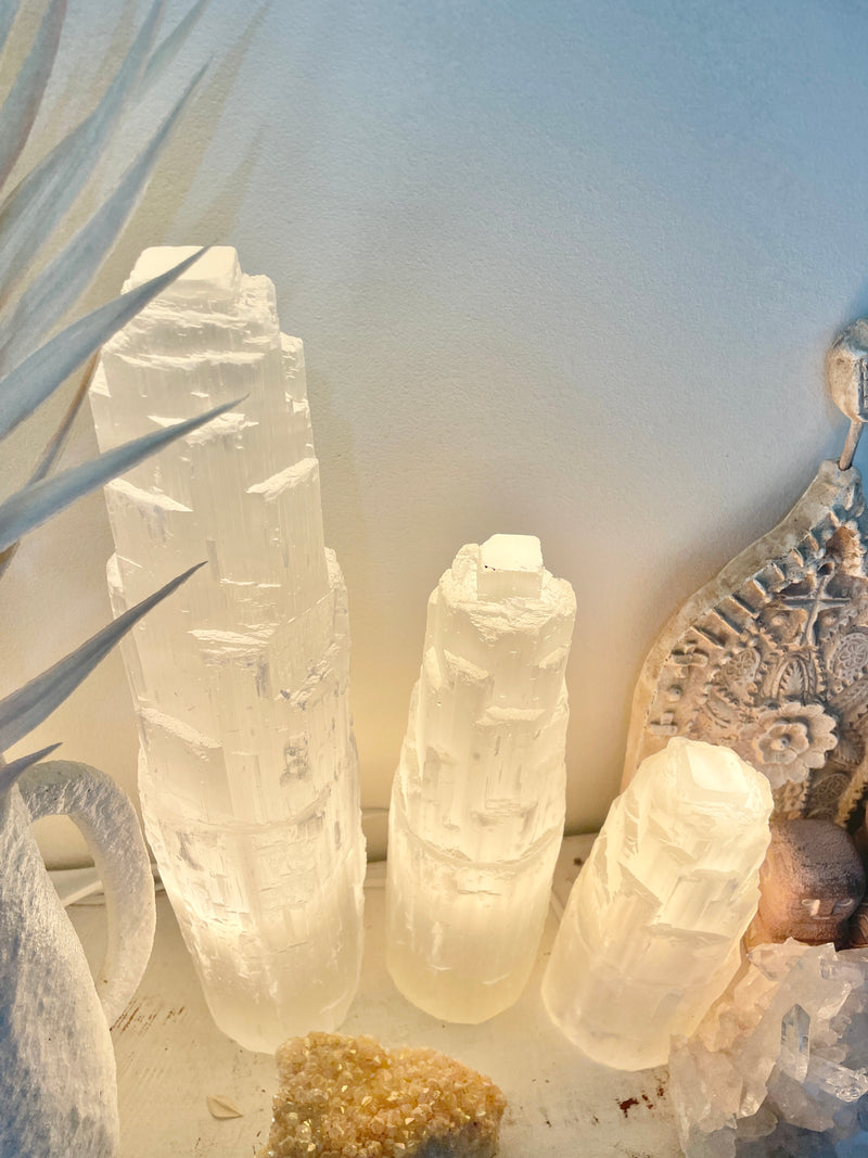 Moroccan Selenite Crystal Tower Lamps