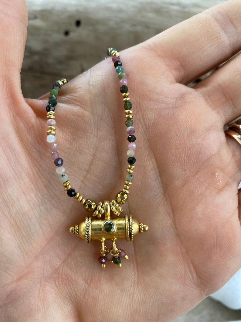 Gold Plated Taweez Protection Necklace Tourmaline Bead Talisman Pendant