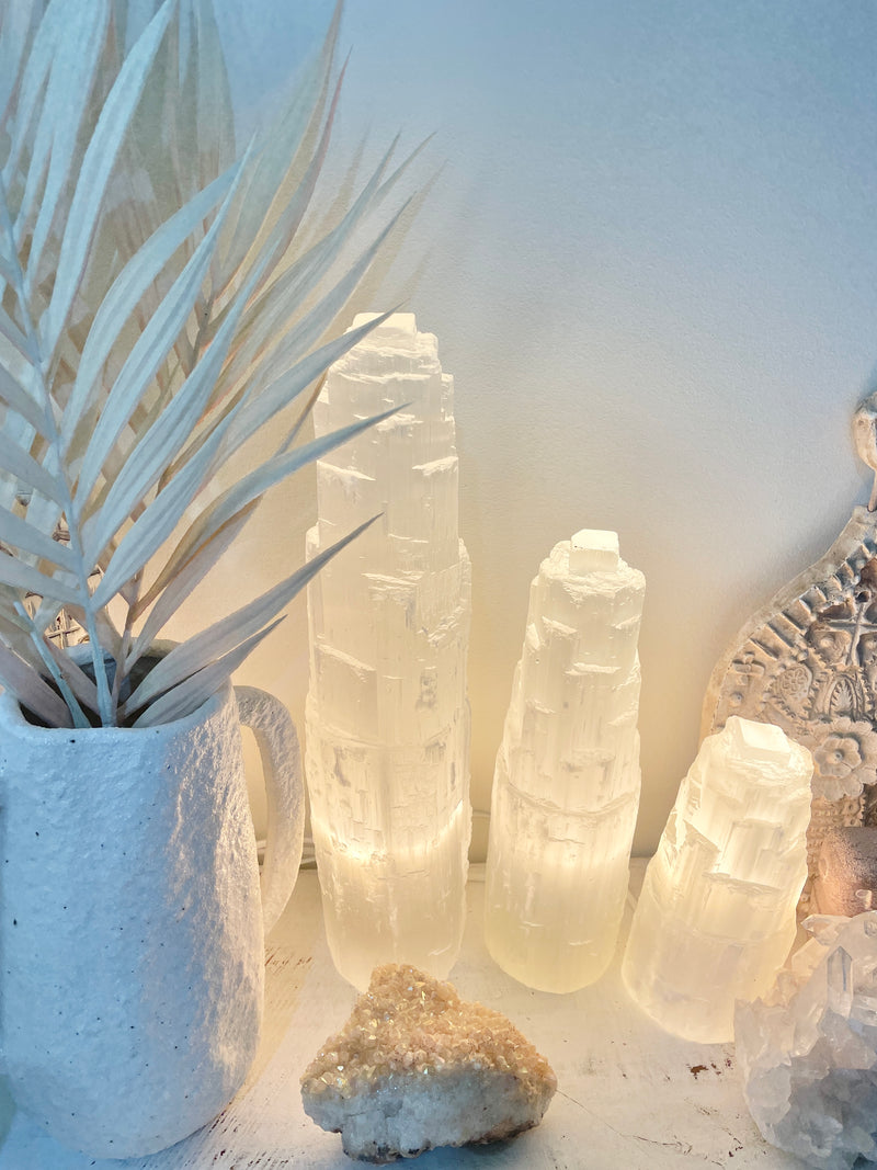 Moroccan Selenite Crystal Tower Lamps