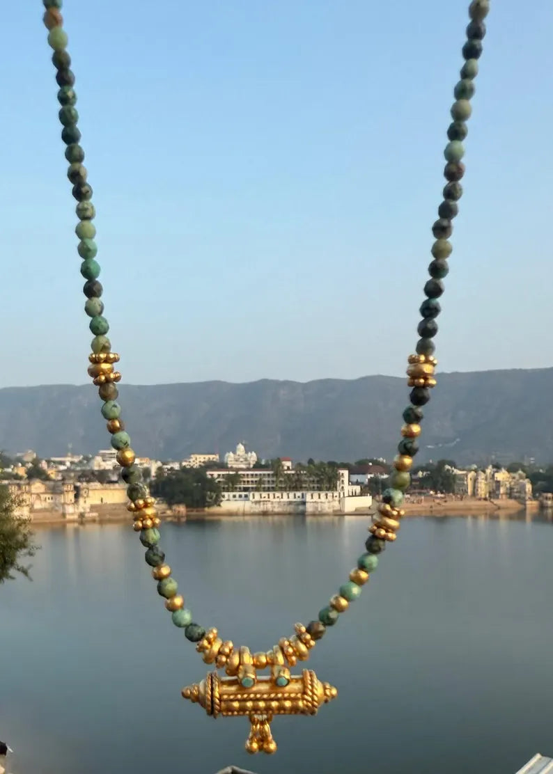 Gold Plated Taweez Protection Necklace Turquoise Bead Talisman Pendant