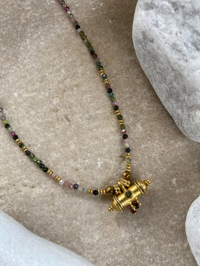 Gold Plated Taweez Protection Necklace Tourmaline Bead Talisman Pendant