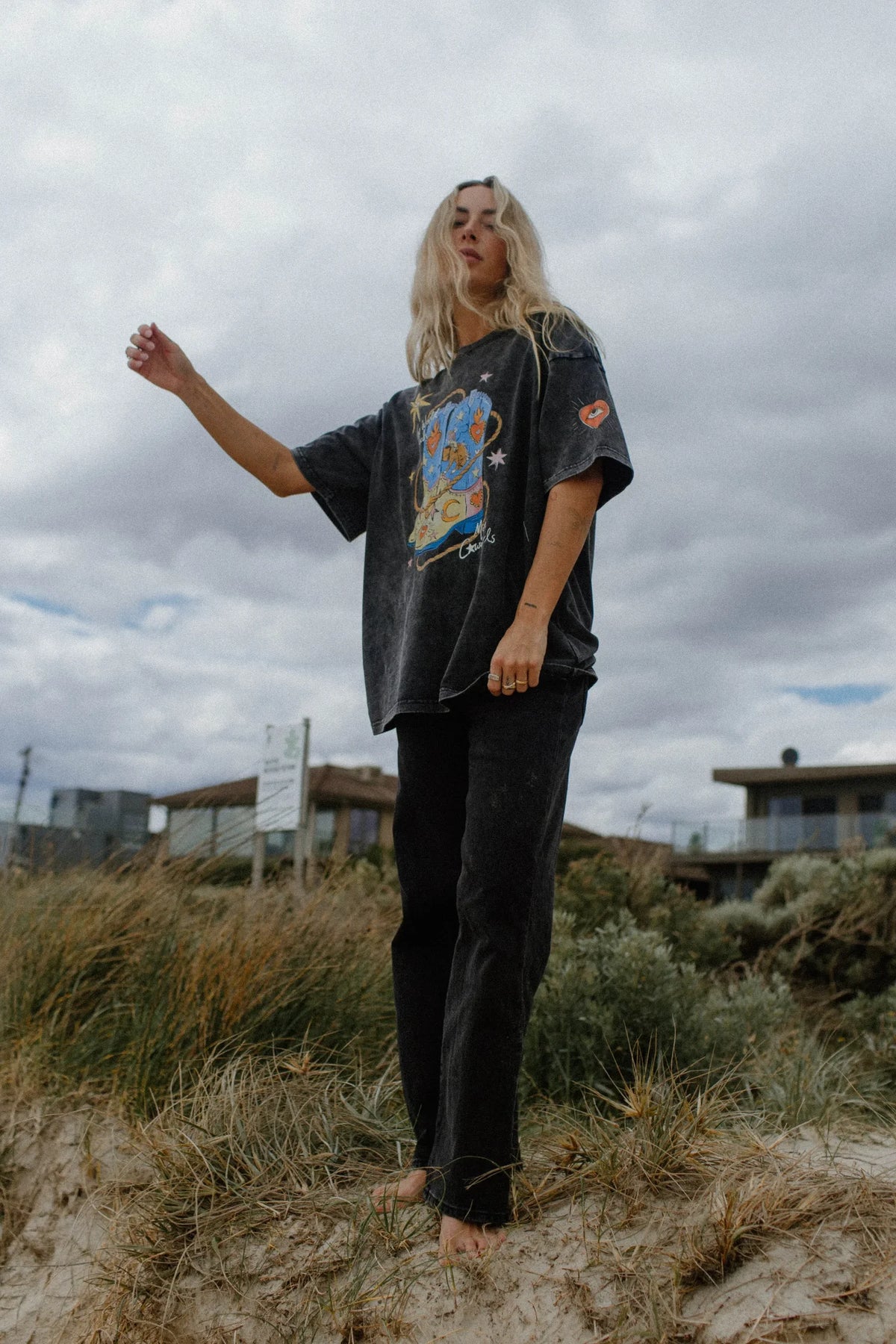 The World Needs More Cowgirls Oversized Shirt Acid Wash Black