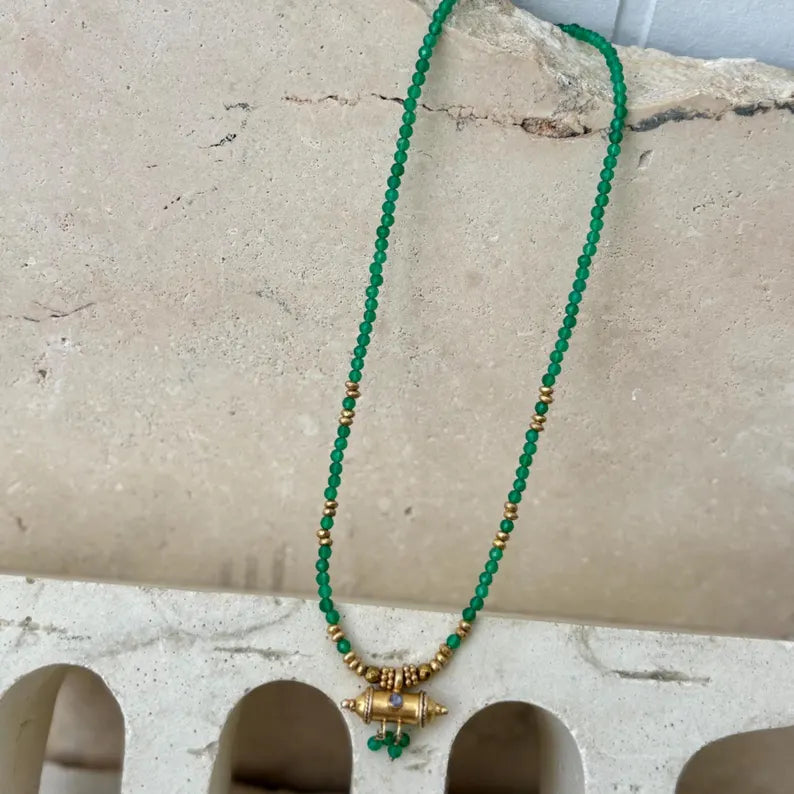 Gold Plated Taweez Protection Necklace Green Onyx Bead Talisman Pendant