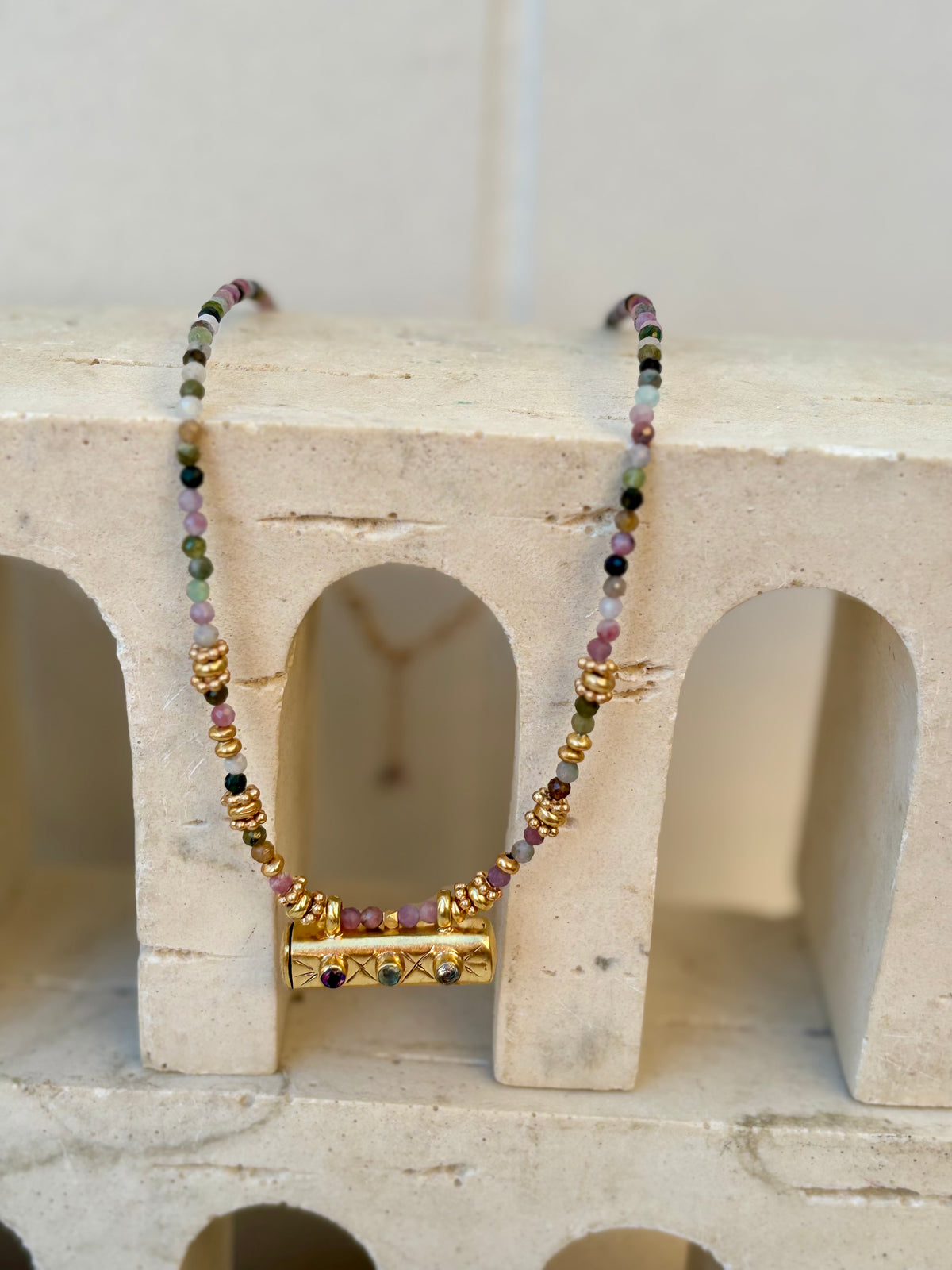 Tourmaline Taweez Necklace Gold Plated Brass Amulet