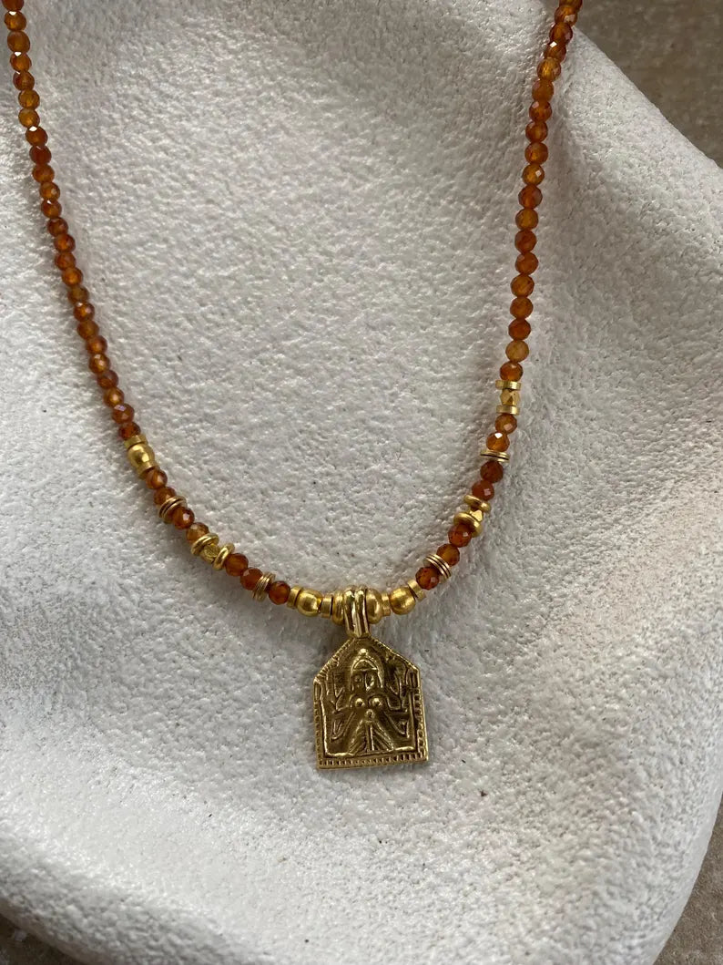 Hessonite Pendant Necklace Brass & Crystal Beads, 18K Gold Plated