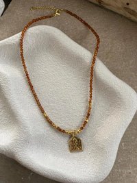 Hessonite Pendant Necklace Brass & Crystal Beads, 18K Gold Plated