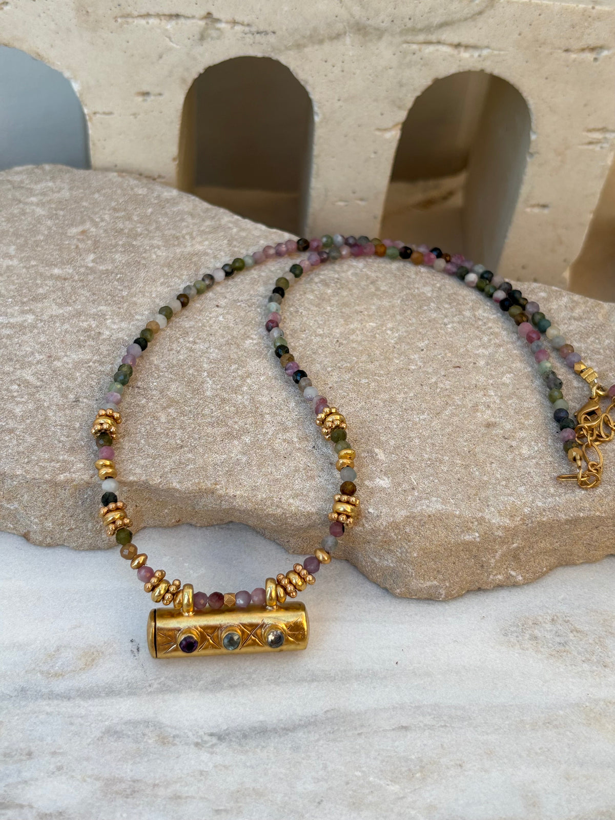 Tourmaline Taweez Necklace Gold Plated Brass Amulet