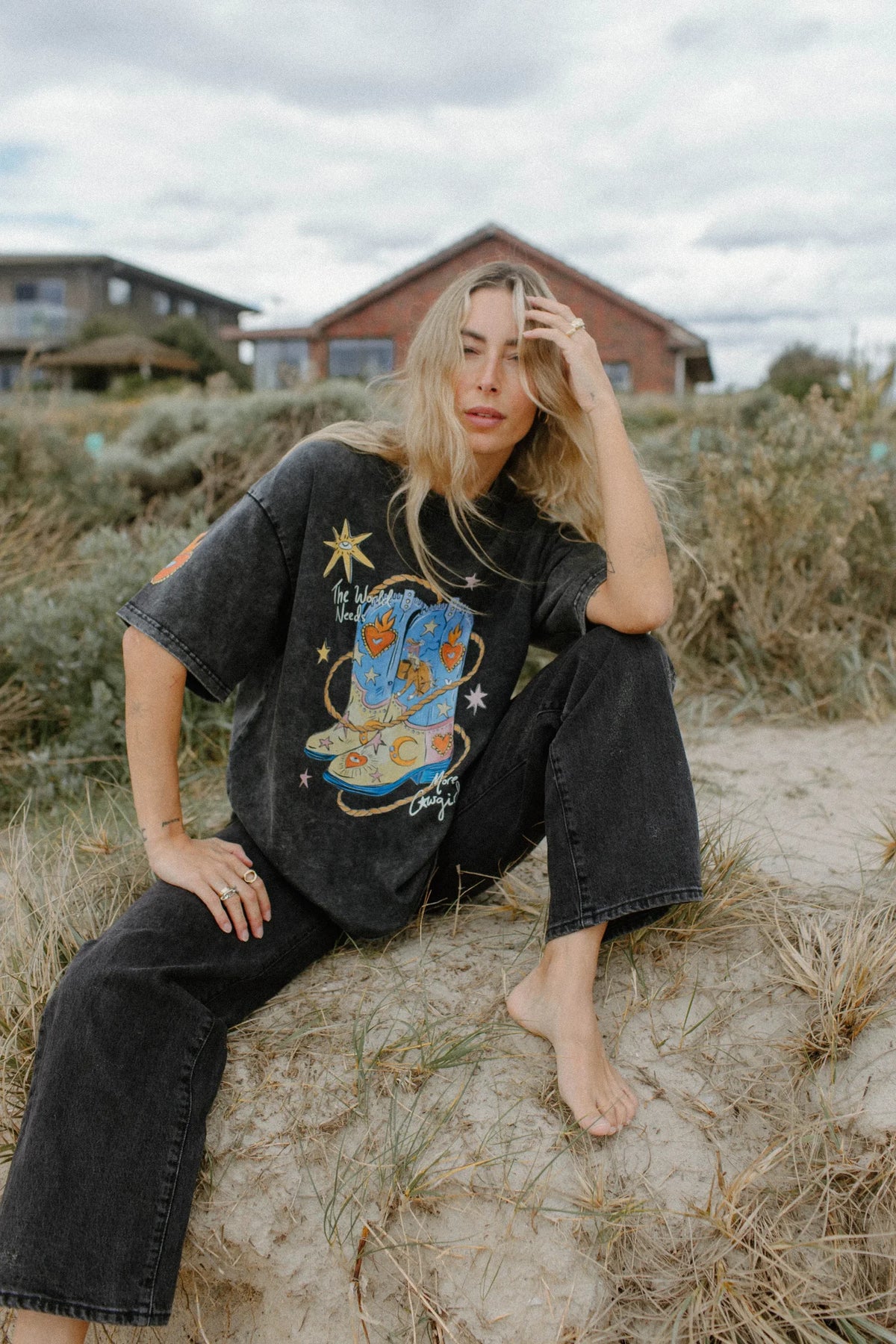 The World Needs More Cowgirls Oversized Shirt Acid Wash Black