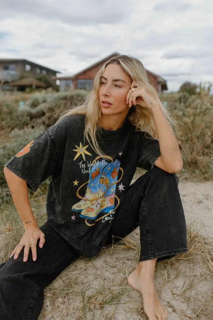 The World Needs More Cowgirls Oversized Shirt Acid Wash Black
