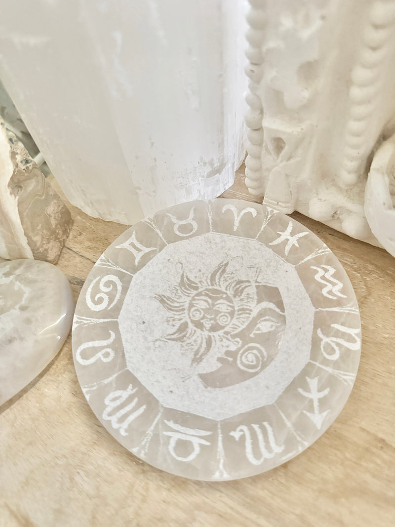Selenite Engraved Plate - Sun & Moon Birthsigns