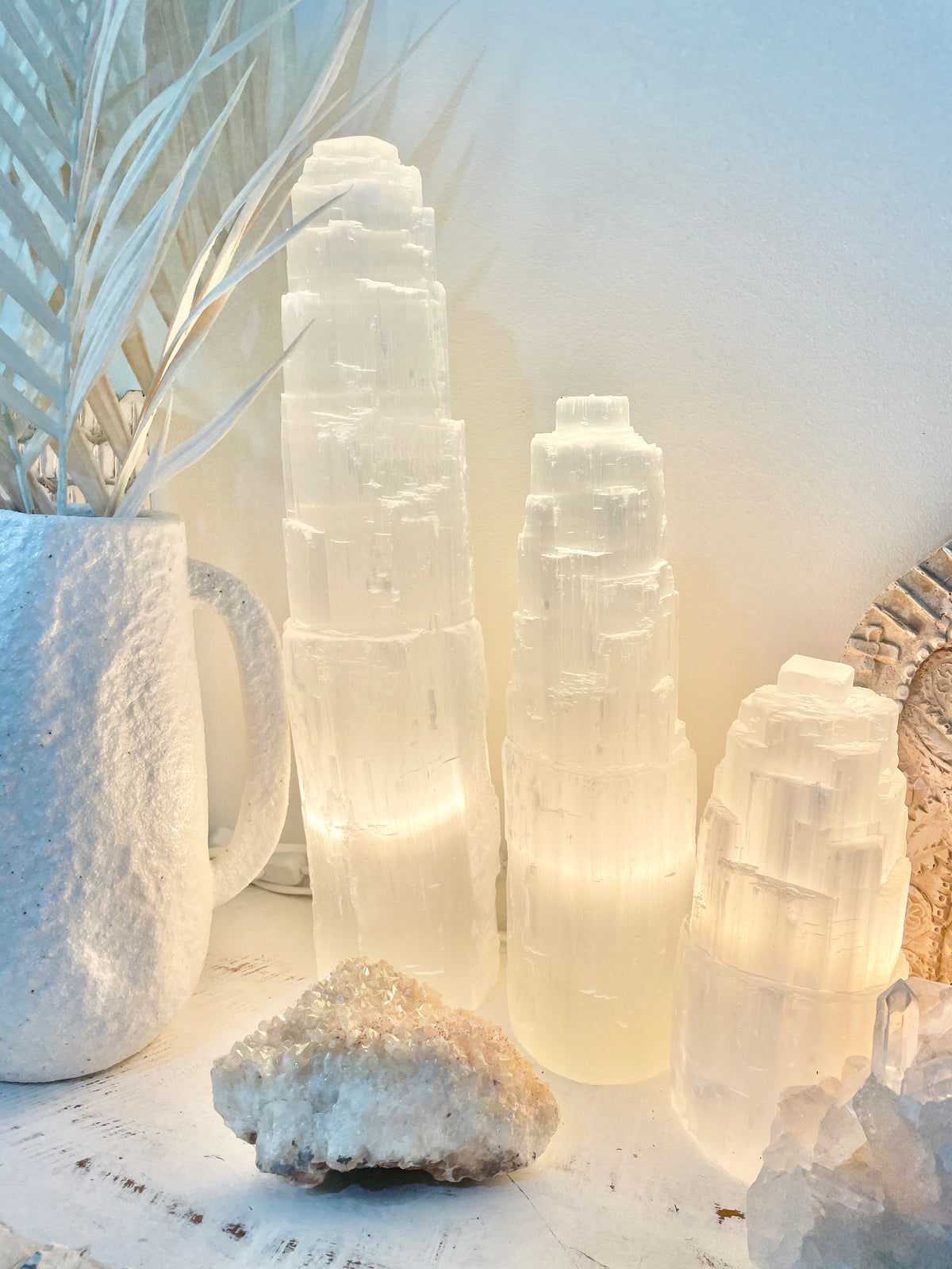 Moroccan Selenite Crystal Tower Lamps