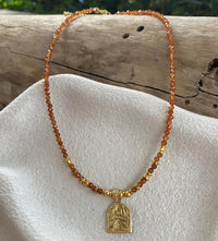 Hessonite Pendant Necklace Brass & Crystal Beads, 18K Gold Plated