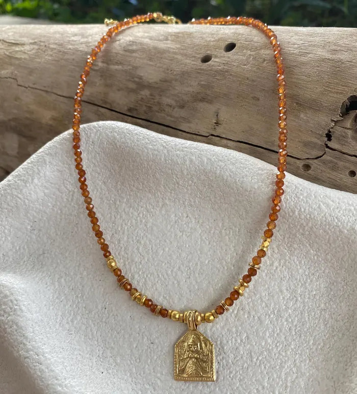 Hessonite Pendant Necklace Brass & Crystal Beads, 18K Gold Plated