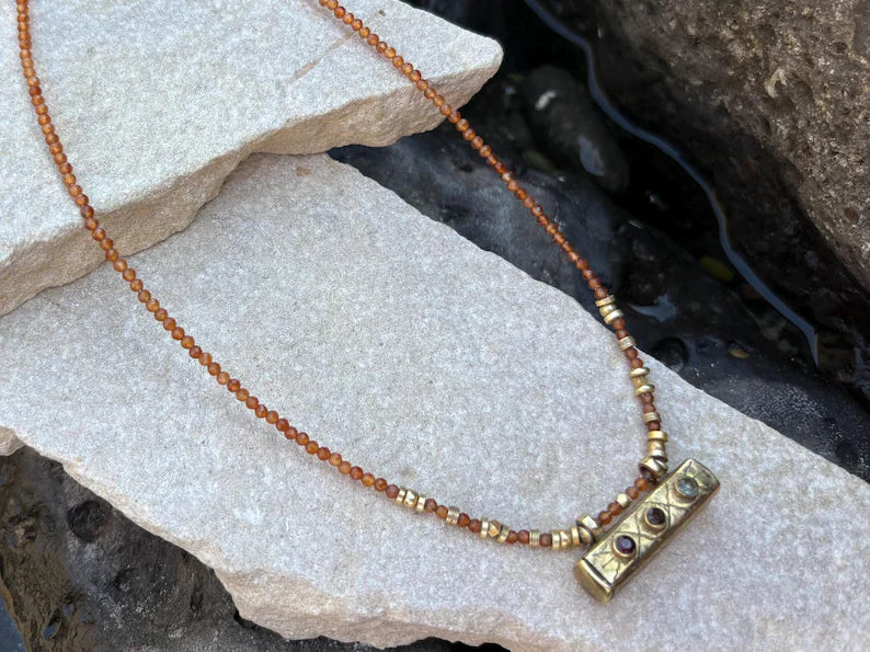Hessonite Taweez Necklace Gold Plated Brass Amulet