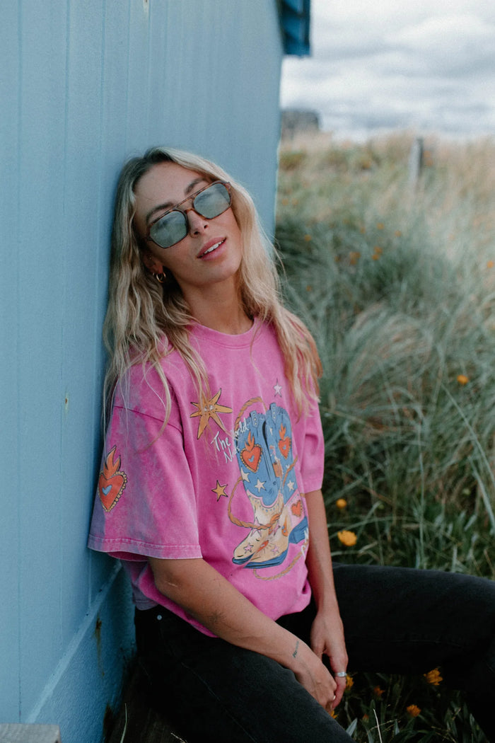 The World Needs More Cowgirls Oversized Shirt Acid Wash Pink
