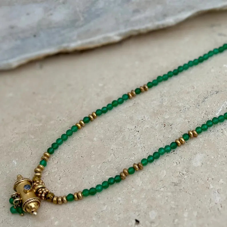 Gold Plated Taweez Protection Necklace Green Onyx Bead Talisman Pendant