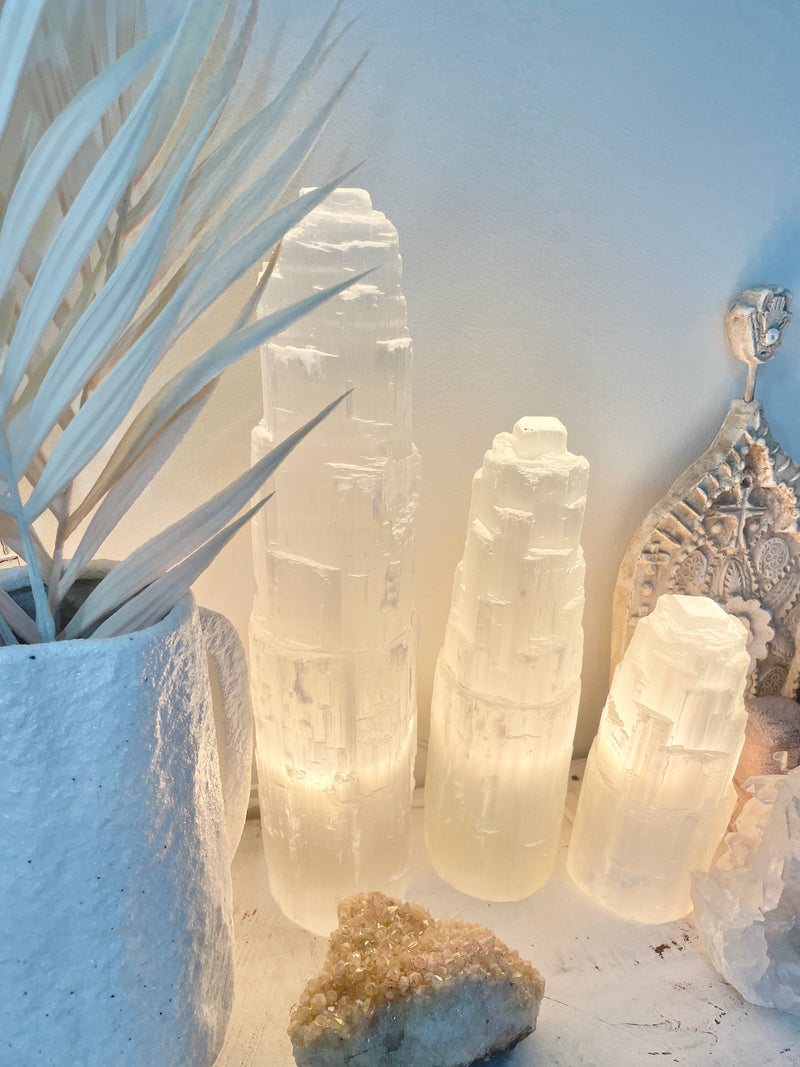 Moroccan Selenite Crystal Tower Lamps