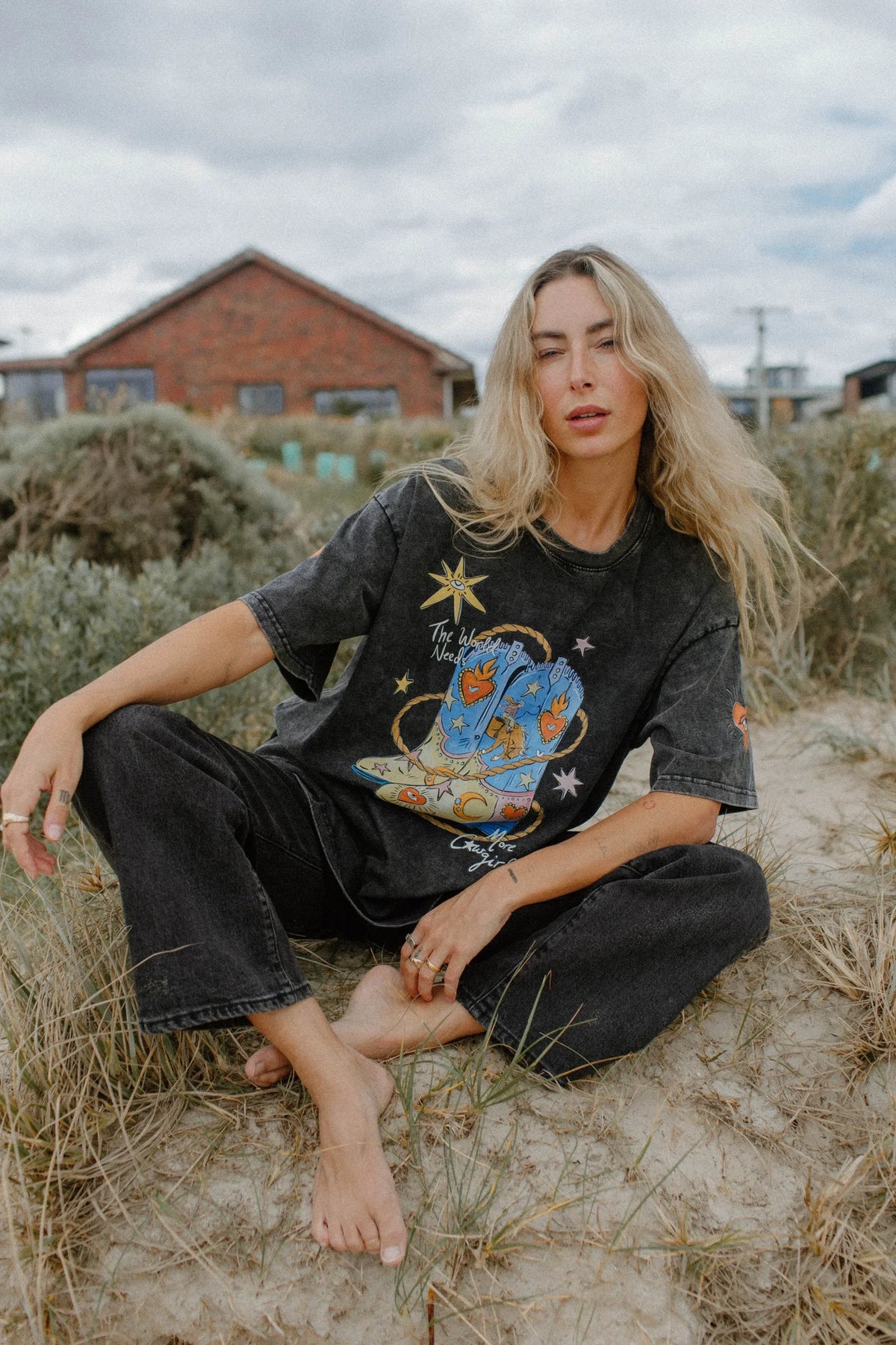 The World Needs More Cowgirls Oversized Shirt Acid Wash Black