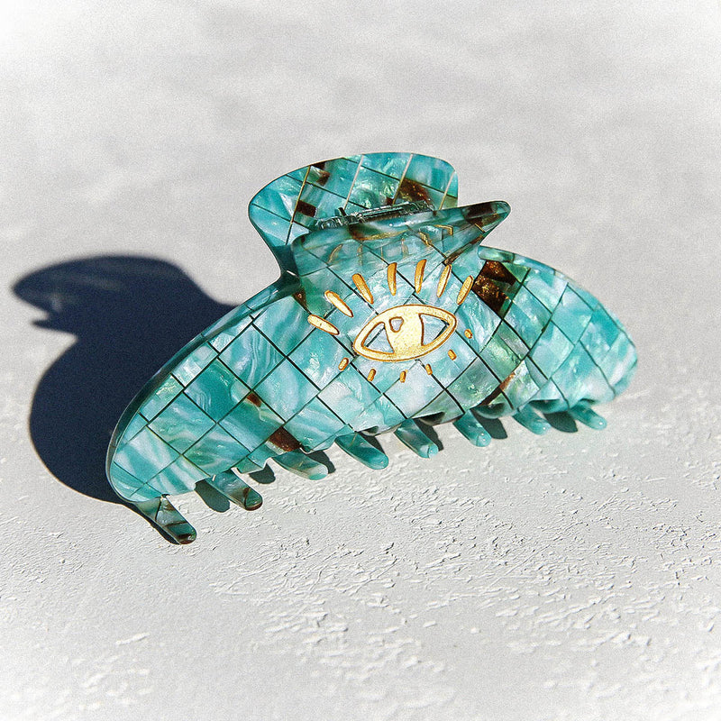 Hair Clip Claw Eye Teal Check