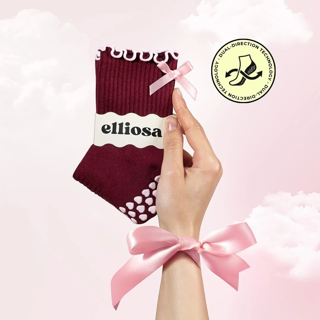 Pilates Grip Socks - Bordeaux Bow