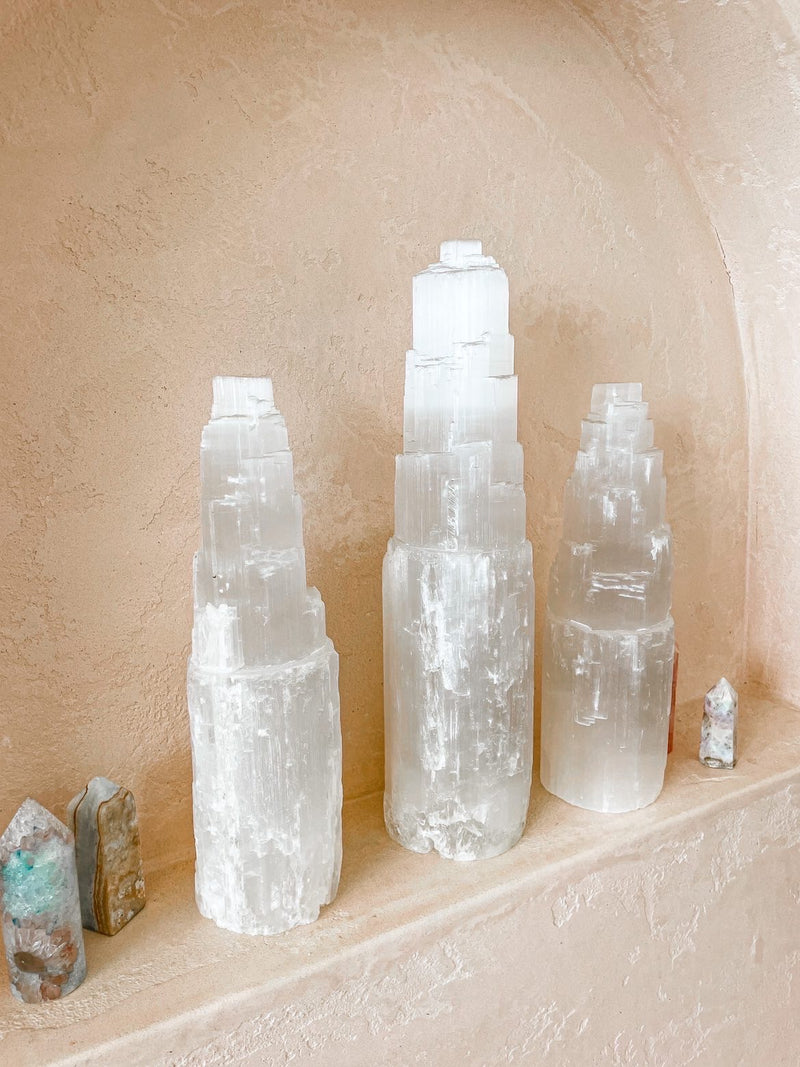 Moroccan Selenite Crystal Tower Lamps